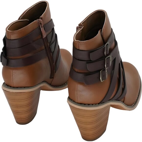 Journee Collection Tan Brown Strap Stacked Heel Booties Size 8.5W - Picture 3 of 6